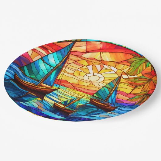 Segelboote bei Sonnenuntergang Pappteller (Schrägansicht)