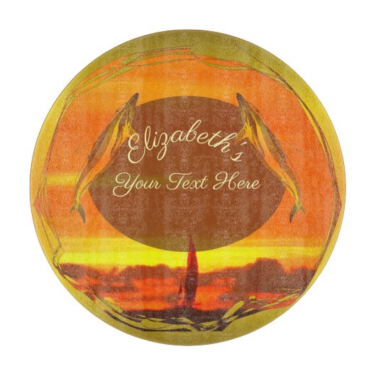 Segelboote & Delphine Sonnenuntergang 1300 Schneidebrett (Vorderseite)