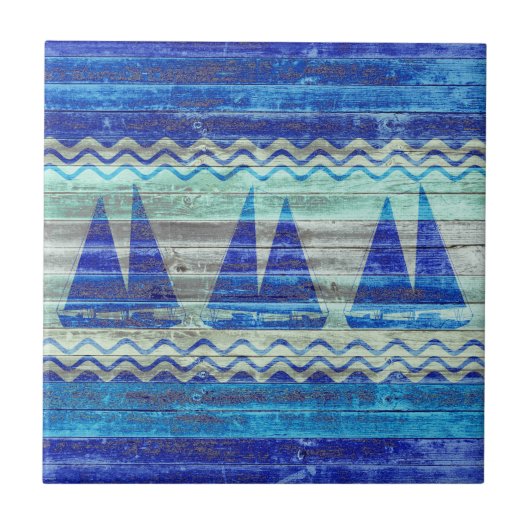 Segelboote der Rustikalen Navy Blue Coastal Fliese (Vorderseite)