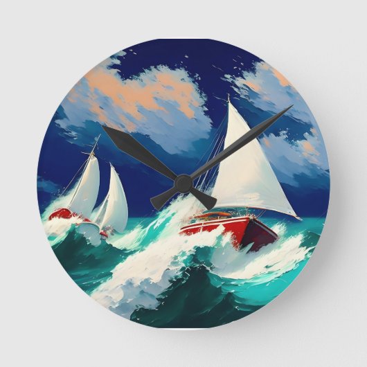 Segelboote, die in schweren Meeren fahren Runde Wanduhr (Vorderseite)