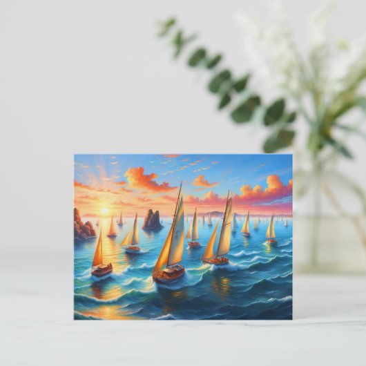 Segelboote im Friedlichen Sonnenuntergang Postkarte (Stehend Vorderseite)
