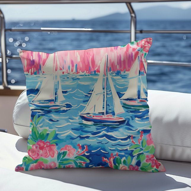 Segelboote in Aquarellfarben Rosa Flora Preppy Coa Kissen (Von Creator hochgeladen)