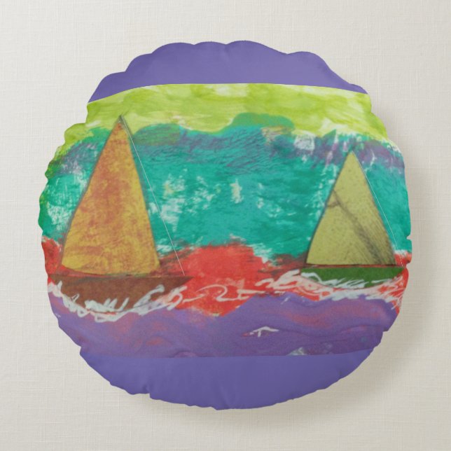 Segelboote Lila Wasser Rundes Kissen (Vorderseite)