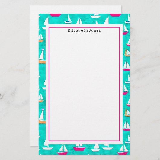 Segelboote Muster Pink & Aqua Briefpapier (Vorne/Hinten)
