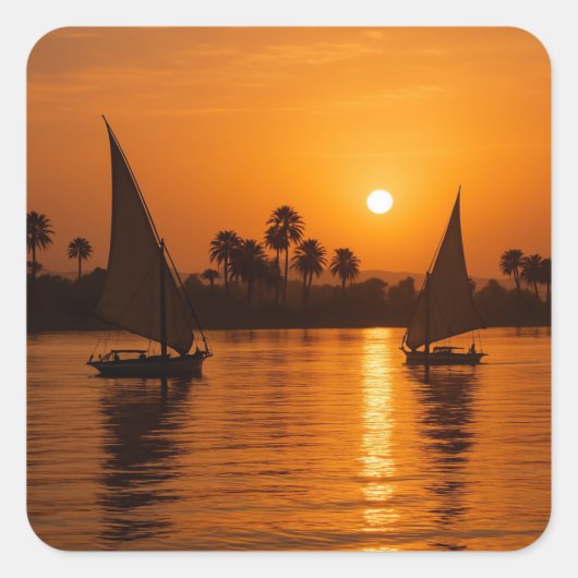 Segelboote Nil Ägyptische Sonnenuntergang Kunst Quadratischer Aufkleber (Vorderseite)