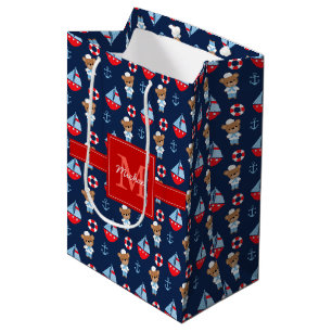 Segelboote und Bärenmuster Mit Monogramm Mittlere Geschenktüte