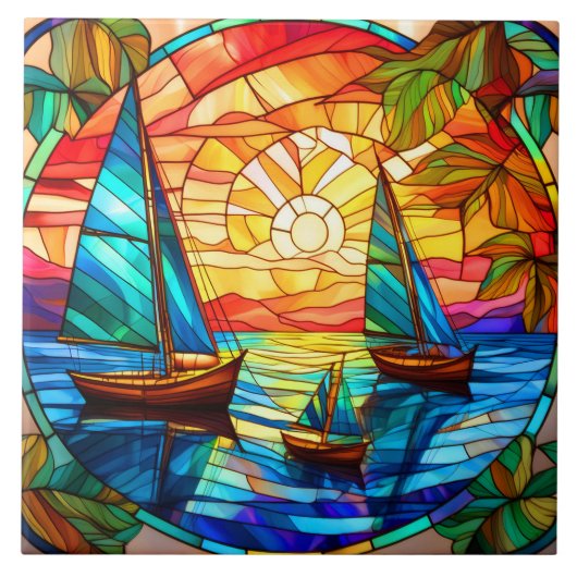 Segelboote und Sonnenuntergänge Gestaltete Glaskun Fliese (Vorderseite)