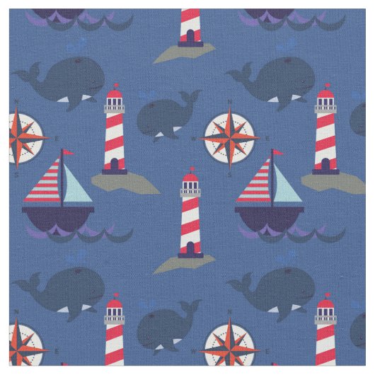 Segelboote und Wale | Leuchttürme Nautical Stoff (Nahaufnahme)
