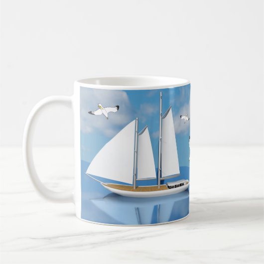 Segeljacht auf ruhigem Wasser mit steil ansteigend Kaffeetasse (Links)