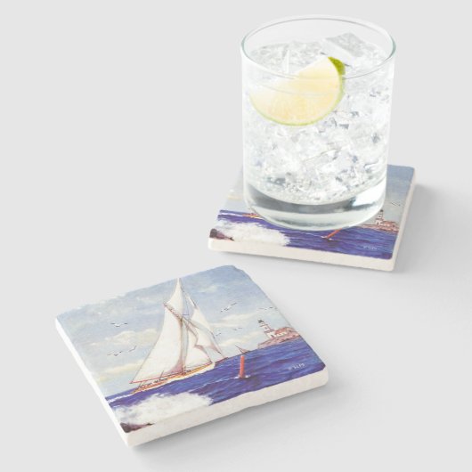 Segeln am Leuchtturm von Albert B. Zeichen Steinuntersetzer (Seitenansicht)