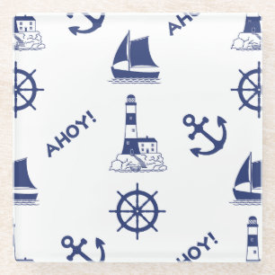 Segeln Illustration Big Pattern Navy Blau Glasuntersetzer