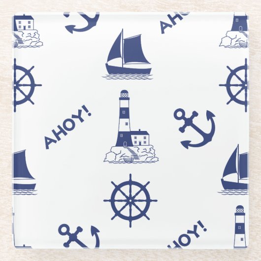 Segeln Illustration Big Pattern Navy Blau Glasuntersetzer (Vorderseite)
