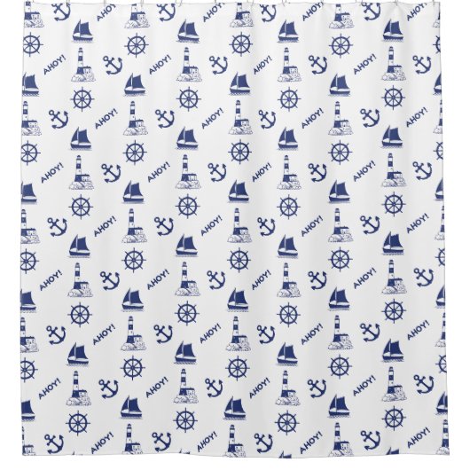 Segeln Illustration Rpt Pattern Navy Blue+White Duschvorhang (Vorderseite)