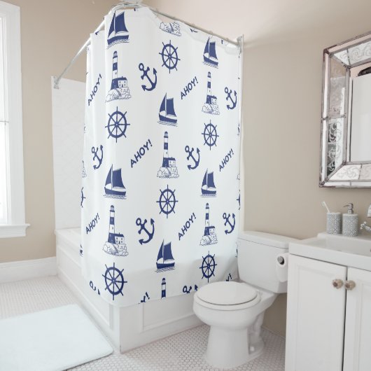 Segeln Illustrative Big Ptn Navy Blau+Transparent Duschvorhang (Beispiel)