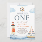 Segeln in einem nautischen Blau 1. Geburtstag Einladung (Vorderseite)