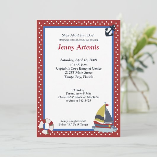 Segeln weg Sailboat Wassersport 12x18 Baby Dusche Einladung (Stehend Vorderseite)