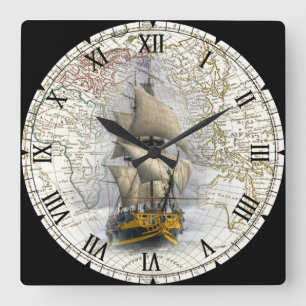 Segelschiff  ~ 1789 Osthalbkugel Karte ~  Quadratische Wanduhr