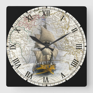 Segelschiff  ~ 1789 Osthalbkugel Karte ~  Quadratische Wanduhr