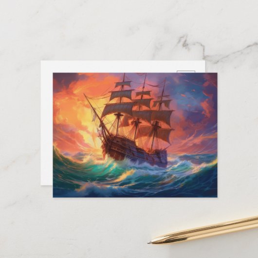 Segelschiff auf einem Sturmmeer Feiertagspostkarte (Vorderseite/Rückseite Beispiel)