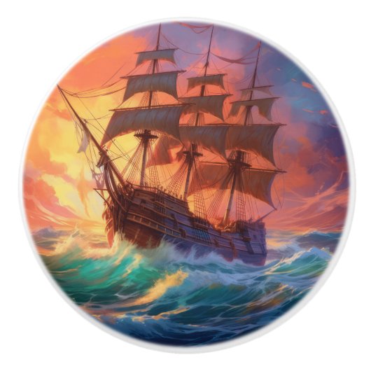 Segelschiff auf einem Sturmmeer Keramikknauf (Vorderseite)