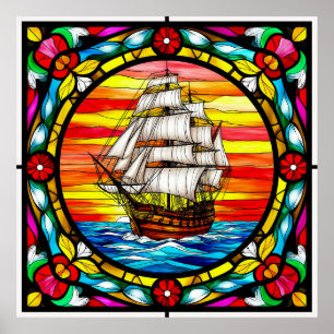 Segelschiff auf hoher See bei Sonnenuntergang Poster