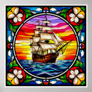 Segelschiff auf hoher See bei Sonnenuntergang Poster