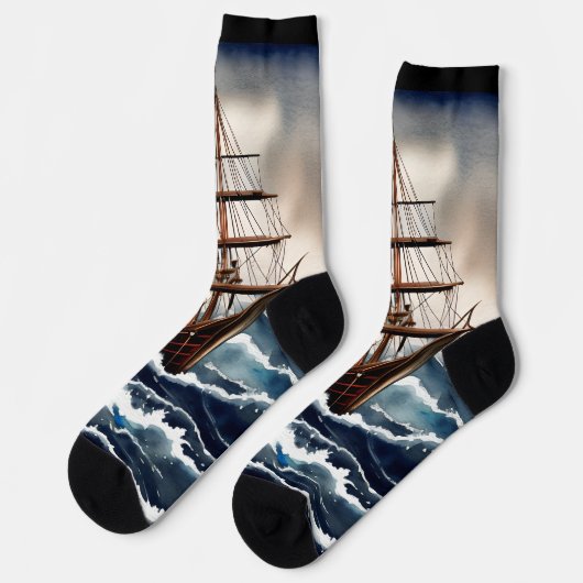 Segelschiff auf See in Waves & Storm Socken (Linkes Detail)