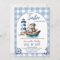 Segelschiff-Bär Blau Gingham-Baby-Shower-Einladung
