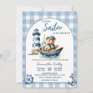 Segelschiff-Bär Blau Gingham-Baby-Shower-Einladung Einladung