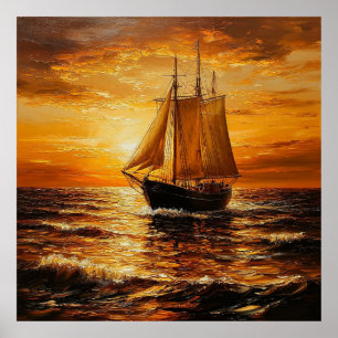 Segelschiff bei Sonnenuntergang mit goldenem Himme Poster