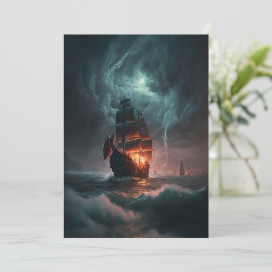 Segelschiff, das Wellen und Sturm im Meer bekämpft Einladung (Stehend Vorderseite)