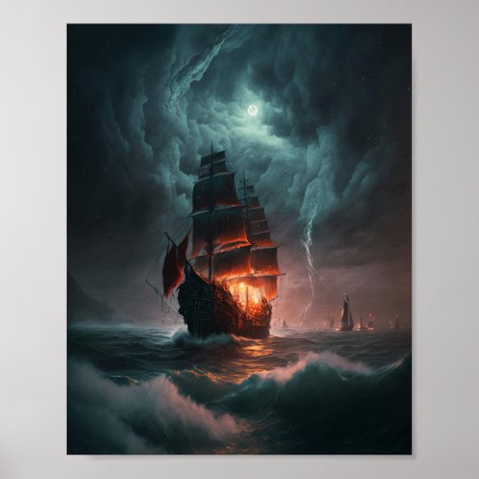 Segelschiff, das Wellen und Sturm im Meer bekämpft Poster (Vorne)