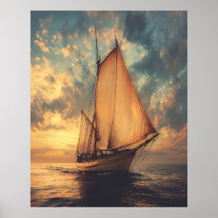 Segelschiff gegen einen Sonnenuntergang Poster