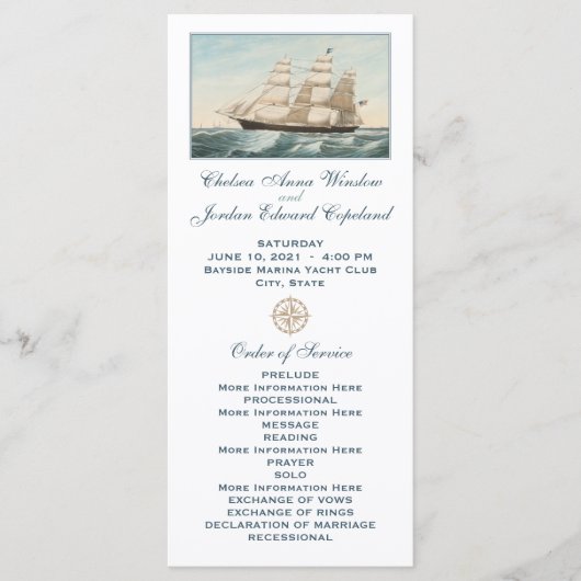 Segelschiff im nautischen Stil | Hochzeitsprogramm Programm (Vorderseite)