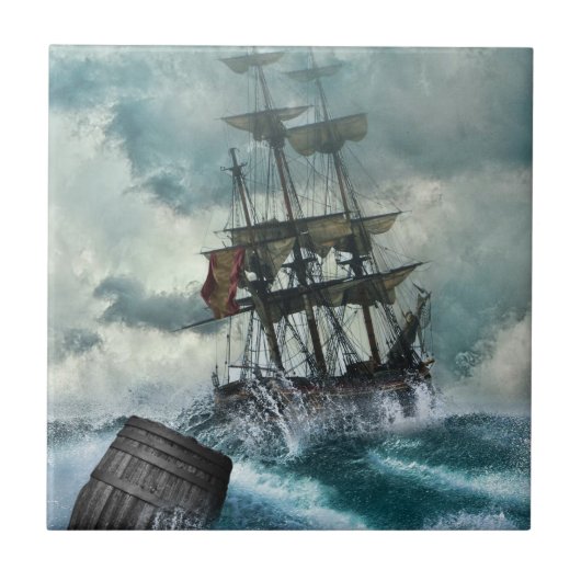 Segelschiff in Sturm Illustration Fliese (Vorderseite)