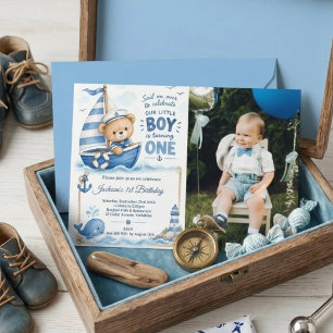 Segelschiff Teddybär Nautical 1. Geburtstagsfoto Einladung