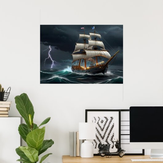 Segelschiff und Blitzkunst Poster (Heimbüro)