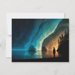 Segelschiffe, Nordlichter, felsige Küste Postkarte
