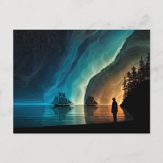 Segelschiffe, Nordlichter, felsige Küste Postkarte (Vorderseite)