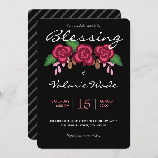 Segen Baby Elegante Moderne LDS Rose Einladung (Vorne/Hinten)