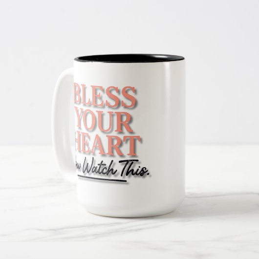 Segen Sie Ihr Herz. Jetzt sehen Sie sich das an. Zweifarbige Tasse (Vorderseite Links)