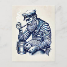 Segler mit einem Pipe und Fisch unter seinem Arm