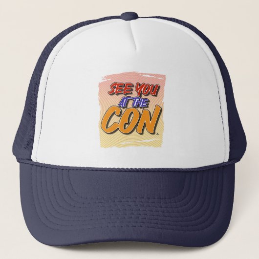 Sehen Sie sich bei Con Comic Themed Motto Truckerkappe (Vorderseite)
