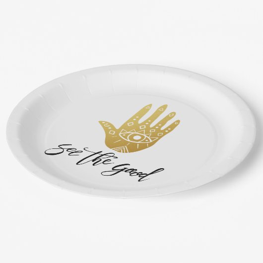 Sehen Sie sich die gute Hamsa an Pappteller (Schrägansicht)