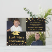 SEHEN SIE, WER Foto "Black Gold Stars" GESCHLOSSEN Einladung (Stehend Vorderseite)