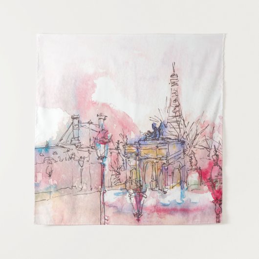 Sehenswürdigkeit Paris mit Aquarell an einem regne Wandteppich (Vorderseite)