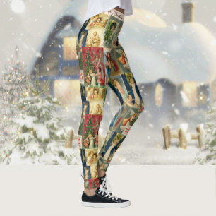 Sehr alte Weihnachtskarten mit Angeln Collage Leggings
