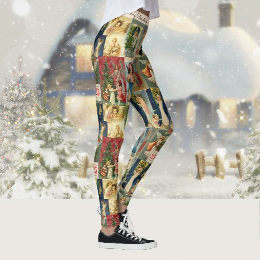 Sehr alte Weihnachtskarten mit Angeln Collage Leggings