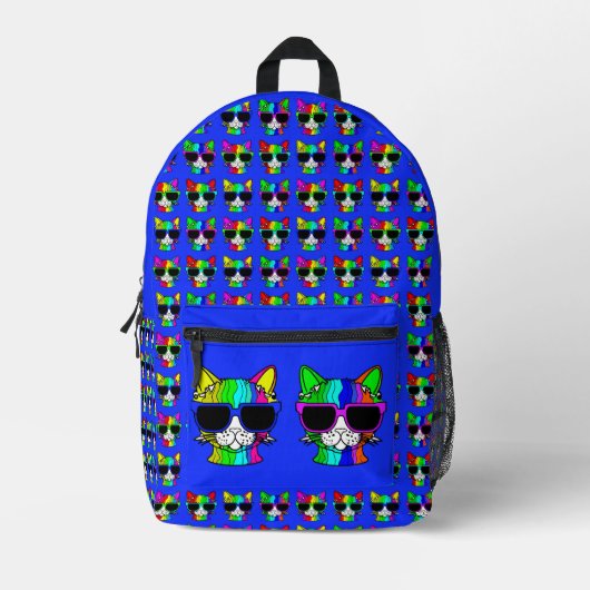 Sehr Cool Rainbow Cat mit Sunglass auf blau Bedruckter Rucksack (Vorderseite)