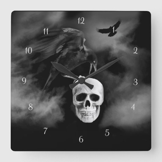 Sehr Cooler Gothic Style Raven und Skull Samhain Quadratische Wanduhr (Vorderseite)